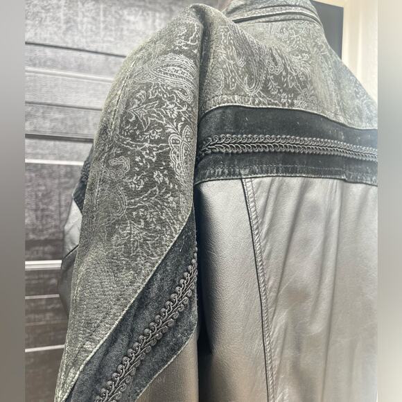 Vtg Leather Double Breasted Brocade Trim Drop Waist Oversized Midi Coat Women SP - Picture 6 of 10